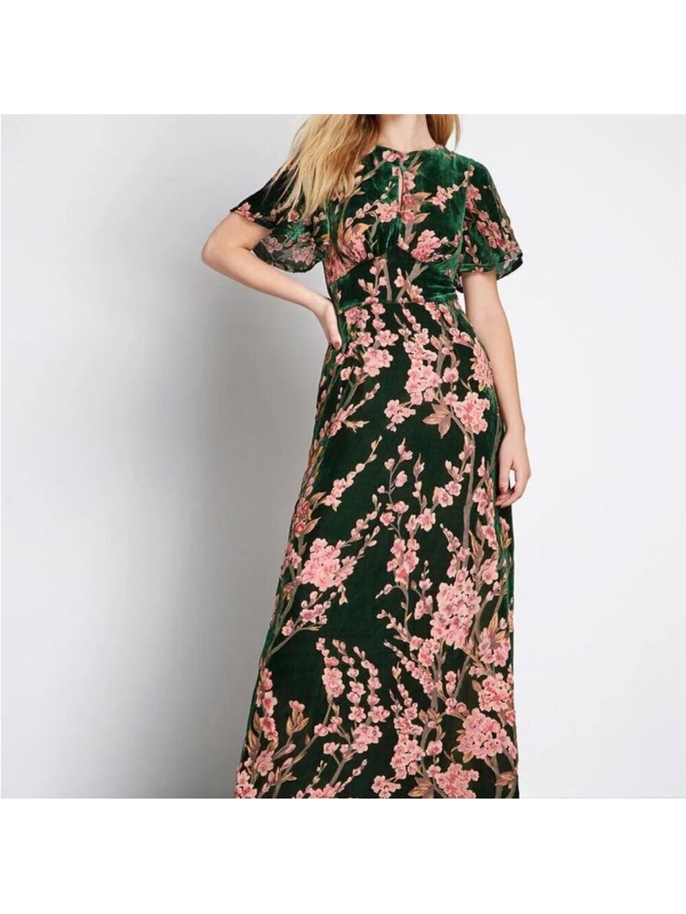 ModCloth Green Velvet Cherry Blossom Floral Maxi Dress —Sz 1X